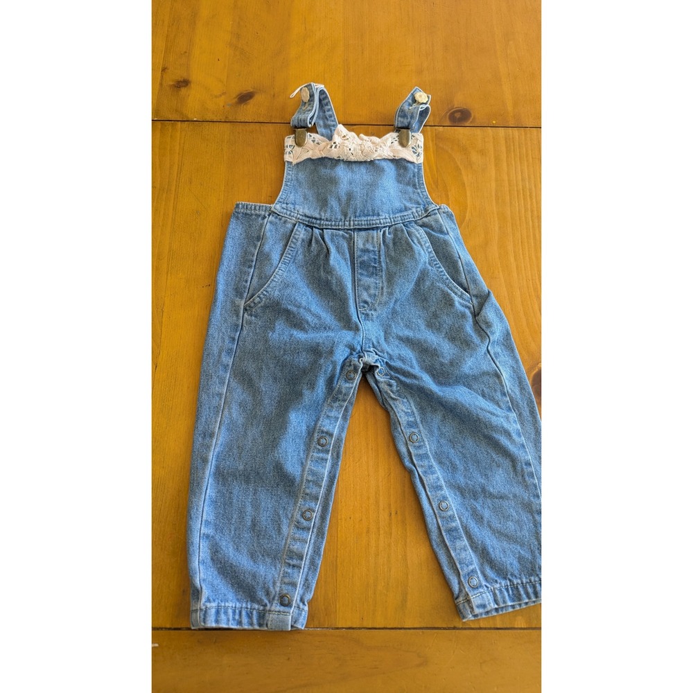 Allison Rose Toddler 24M Denim Overalls Lace Floral Trim Light Wash Vintage